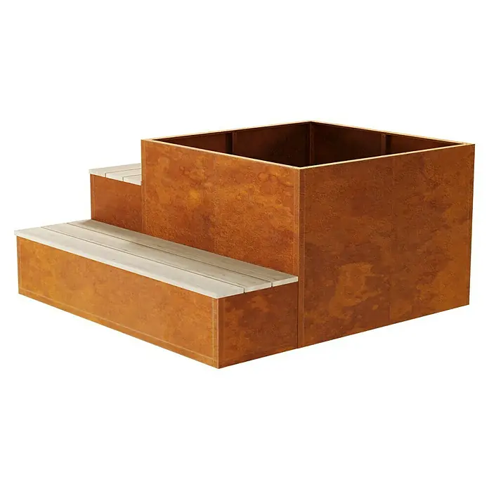 Palatino Hochbeet Schatzinsel mit Sitzbank - 120 x 120 x 75 cm, Cortenstahl, Rostbraun - Ein quadratischer Pflanzkasten aus Cortenstahl mit integrierten Stufen aus hellem Holz. Ein stilvolles Gartenelement für Pflanzen und Dekoration.