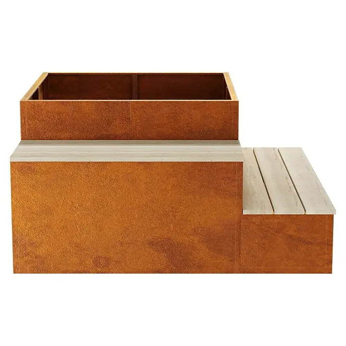 Palatino Hochbeet Schatzinsel mit Sitzbank - 120 x 120 x 75 cm, Cortenstahl, Rostbraun - Das Bild zeigt einen quadratischen Pflanzkasten aus Cortenstahl mit integrierter Holzbank, ideal für den Außenbereich.