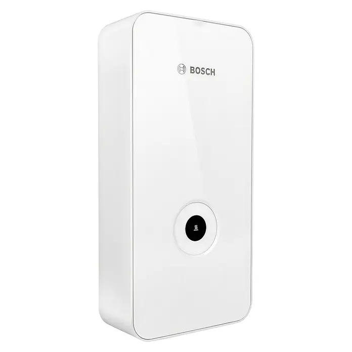 Bosch Durchlauferhitzer Tronic Line - 21/24/27 kW, Elektronisch, Geschlossen - Produktansicht: Weißer Bosch Warmwasserbereiter mit abgerundeten Ecken und Bedienelementen. Optimale Warmwasserversorgung für Ihr Zuhause.