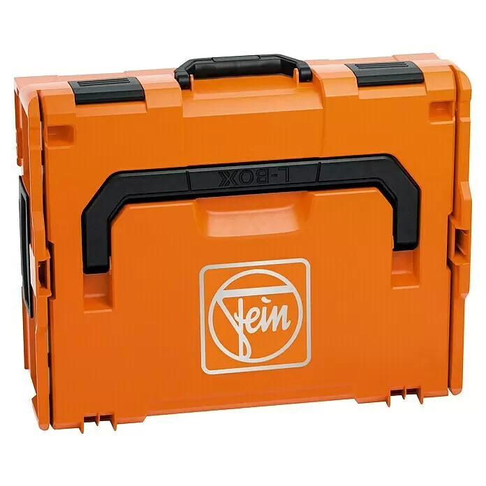 Fein AMPShare 18V Akku-Multifunktionswerkzeug MultiMaster AMM700 Max Top AS - 18 V, Ohne Akku, Leerlaufschwingzahl: 10.000 /min - 19.500 /min - Orangefarbener Kunststoff-L-Boxx Werkzeugkoffer mit schwarzem Griff und Verschlüssen, mit "Fein"-Logo.