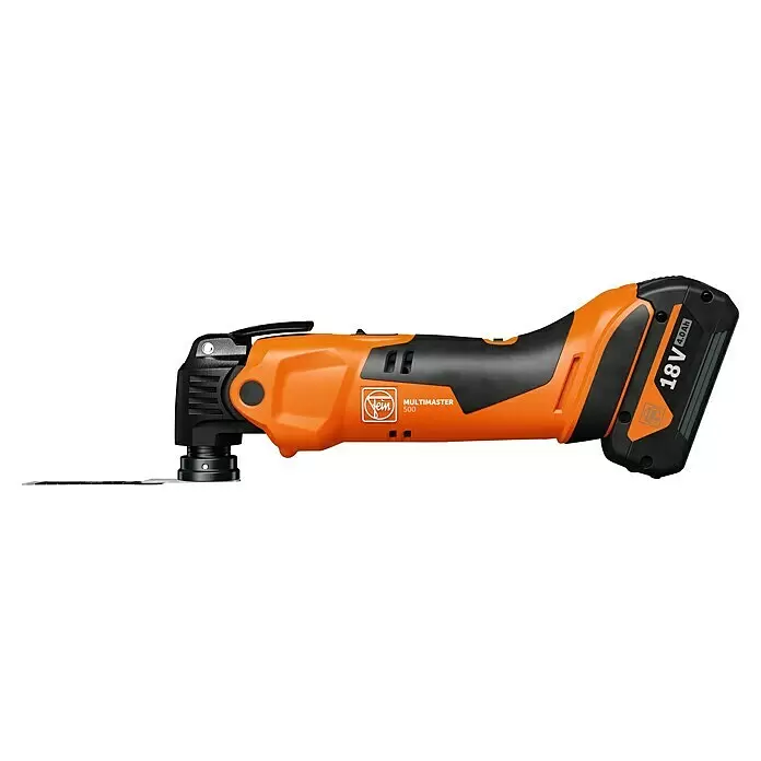 Fein AMPShare 18V Akku-Multifunktionswerkzeug MultiMaster AMM500 Plus Top AS - 18 V, Ohne Akku, Leerlaufschwingzahl: 11.000 /min - 18.500 /min - Orange-schwarzes Akku Fein Multimaster 500 Oszillierwerkzeug mit 18V 4.0Ah Akku.