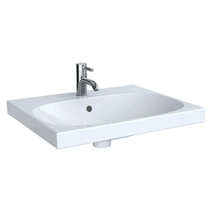 Geberit Acanto Waschtisch - 60 x 48 cm, Ohne Spezialglasur, Hahnloch: Mitte, Mit Überlauf, Weiß - Dieses Bild zeigt ein elegantes, weißes Waschbecken mit einem modernen Chromhahn, das eine saubere und minimalistische Ästhetik bietet.