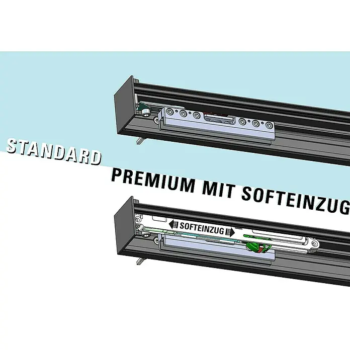 Diamond Doors Zubehör-Set Linea 40 Premium - 100 x 40 mm, Passend für: Diamond Doors Glasschiebetür-Beschlag Linea 40 Premium - Darstellung von zwei Schubladenführungen: Standard und Premium mit Softeinzug.
