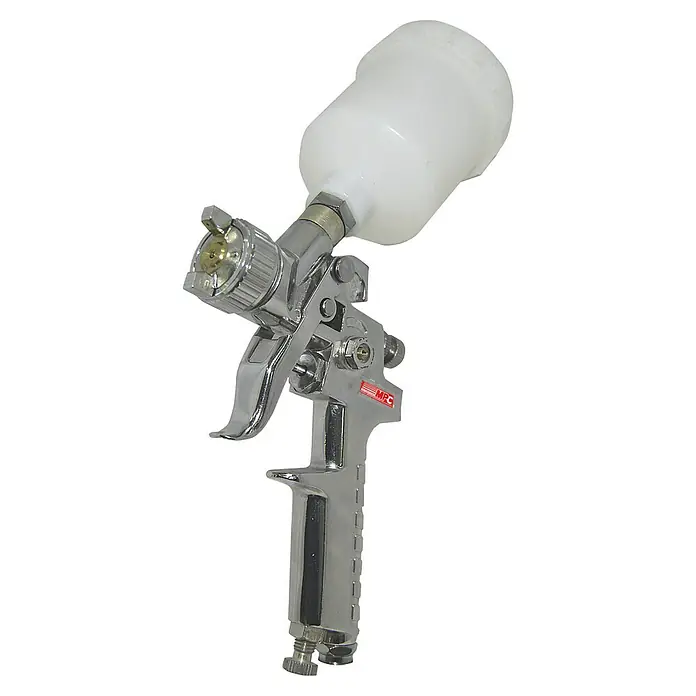 MPC Pistola de pintura neumática H-827 Mini - Presión de funcionamiento: 1 bar - 3 bar, Consumo de aire: 170 l/min, Capacidad depósito: 120 ml - Pistola de pulverización con un recipiente blanco, ideal para pintar. El diseño cromado garantiza la longevidad y la facilidad de limpieza.