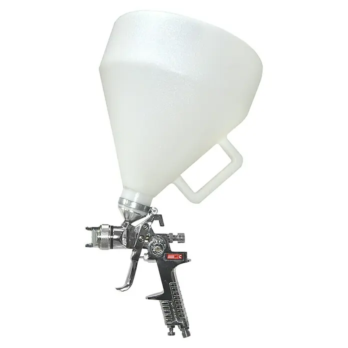 MPC Pistola de pintura - Presión de funcionamiento: 3,5 bar - 5 bar, Consumo de aire: 350 l/min - Imagen de una pistola de pintura MPC con un accesorio de contenedor que contiene el producto para la aplicación de pintura.