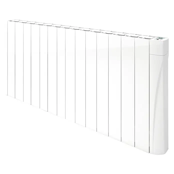 Voltomat HEATING Emisor térmico de fluido VOLT - 1.750 W, Blanco, 9,8 x 122,9 x 57,5 cm, Fluido - Imagen de un radiador blanco moderno con pantalla digital, que muestra una calefacción eficiente y un diseño elegante.