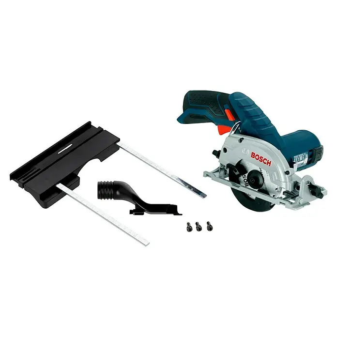 Bosch Professional Akku-Handkreissäge GKS 12V-26 - 12 V, Li-Ionen, Ohne Akku, Sägeblatt: 85 mm, 1.400 U/min - Bild einer Bosch Akku-Handkreissäge mit Zubehör, inklusive Führungsschiene, Absaugstutzen und Befestigungsmaterial, auf schwarzem Hintergrund.