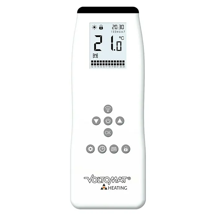 Voltomat HEATING Mando a distancia MBC21 - 15,5 cm - Primer plano de un control de calefacción Voltomat blanco con pantalla digital y elementos de control.