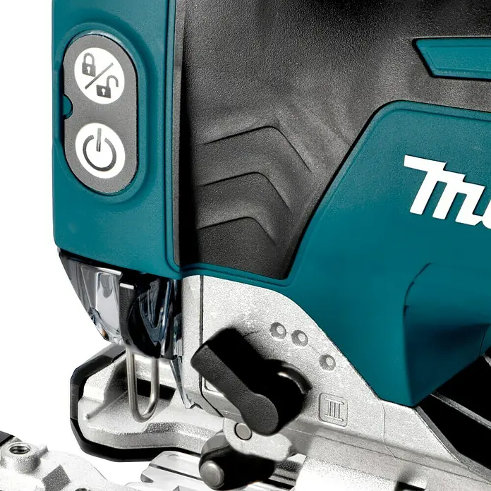 Makita LXT 18V Akku-Pendelhubstichsäge DJV181Z18 V, Li-Ionen, Ohne Akku, 800 /min - 3.500 /min - Detailaufnahme einer Makita Stichsäge mit Bedienelementen und Metallsägeblattaufnahme.