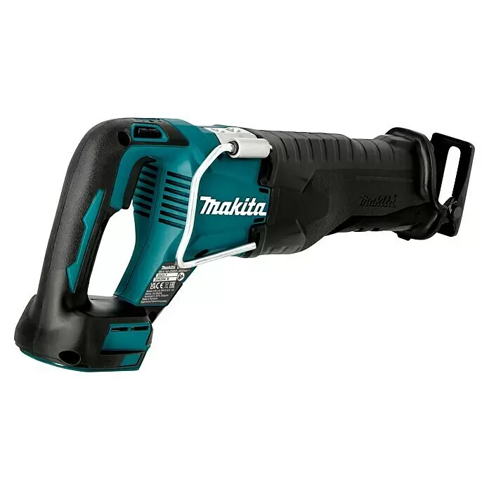 Makita LXT 18V Sierra de sable de batería DJR187ZK - 18 V, Sin batería, Número de carreras marcha en vacío: 2.400 /min - Una sierra de sable Makita turquesa y negra, una herramienta eléctrica inalámbrica con barra guía de metal plateado, mostrada desde un ángulo lateral.