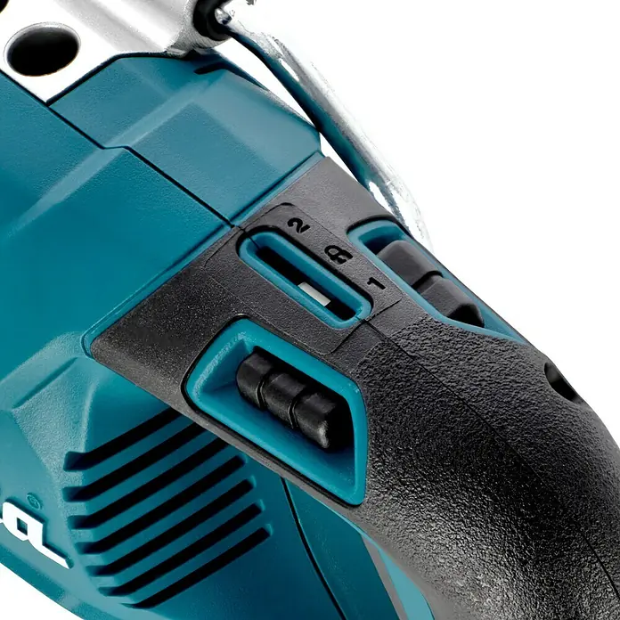 Makita LXT 18V Akku-Säbelsäge DJR187ZK - 18 V, Ohne Akku, Leerlaufhubzahl: 0 /min - 2.400 /min - Detailaufnahme einer Makita Stichsäge mit Fokus auf den Geschwindigkeitsregler und den ergonomischen Griff. Die Farben sind türkis und schwarz.