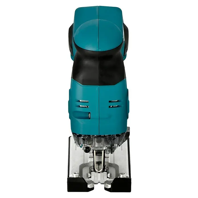 Makita LXT 18V Akku-Pendelhubstichsäge DJV181Z - 18 V, Li-Ionen, Ohne Akku, 800 /min - 3.500 /min - Nahaufnahme einer Stichsäge mit blaugrünem Gehäuse und Metallschnittvorrichtung.