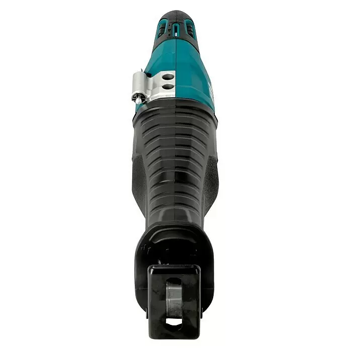 Makita LXT 18V Sierra de sable de batería DJR187ZK - 18 V, Sin batería, Número de carreras marcha en vacío: 2.400 /min - Sierra de sable inalámbrica negra y turquesa con agarre texturizado y abrazadera de hoja plateada.