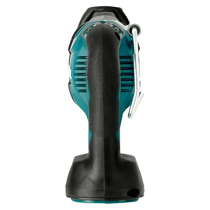 Makita LXT 18V Akku-Säbelsäge DJR187ZK - 18 V, Ohne Akku, Leerlaufhubzahl: 0 /min - 2.400 /min - Nahaufnahme des Griffs einer Akku-Stichsäge, der Komfort und Kontrolle beim Sägen bietet, mit robustem Design und ergonomischer Form.