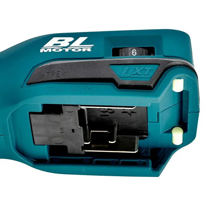 Makita LXT 18V Akku-Pendelhubstichsäge DJV181Z - 18 V, Li-Ionen, Ohne Akku, 800 /min - 3.500 /min - Detailaufnahme eines Makita-Werkzeugs mit BL Motor und LXT-Technologie, das für seine Leistung und Zuverlässigkeit bekannt ist.