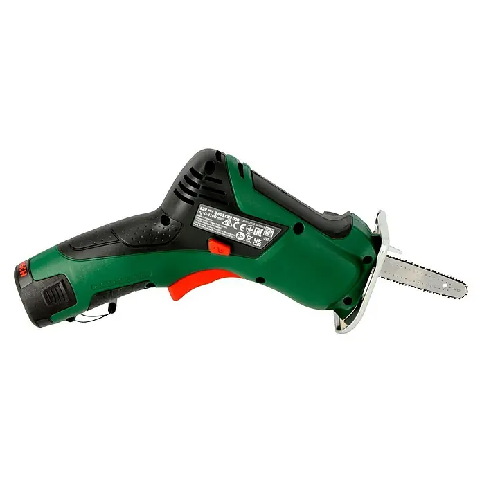 Bosch Power for All 12V NanoBlade-Säge EasyCut 12 - 12 V, 1 Akku, 2 Ah, Leerlaufdrehzahl: 4.100 U/min - Akku-Kettensäge mit grün-schwarzem Gehäuse, rotem Auslöser und silberner Kette. Kompaktes Werkzeug für präzise Schnitte.