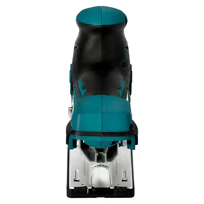Makita LXT 18V Sierra de calar a batería con acción pendular DJV181Z - 18 V, Iones de litio, Sin batería, 800 /min - 3.500 /min - Vista frontal de una sierra de calar negra y turquesa con base plateada.