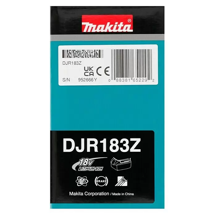 Makita LXT 18V Sierra de sable de batería DJR183Z - 18 V, Sin batería, Número de carreras marcha en vacío: 3.000 /min - Etiqueta de producto Makita DJR183Z con el número de modelo DJR183Z, 18V Litio-Ion, símbolo de freno, número de serie, códigos de barras, marcas CE y UKCA, y el texto "Made in China".