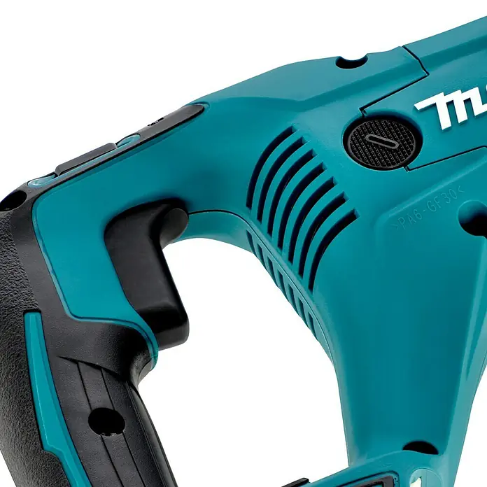 Makita LXT 18V Akku-Säbelsäge DJR186ZK + Artikelnr. 33855482 hinzufügen* - 18 V, Ohne Akku, Leerlaufhubzahl: 0 /min - 2.800 /min - Nahaufnahme einer blauen Makita Akku-Stichsäge, die für präzise Schnitte und hohe Leistung entwickelt wurde.