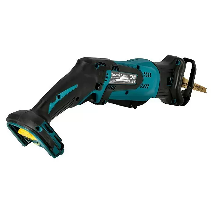 Makita LXT 18V Sierra de sable de batería DJR183Z - 18 V, Sin batería, Número de carreras marcha en vacío: 3.000 /min - Sierra de sable Makita DJR183 negra y turquesa con una hoja bimetálica, lista para usar.