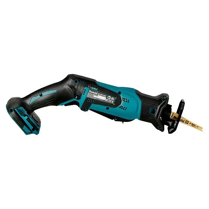 Makita LXT 18V Sierra de sable de batería DJR183Z - 18 V, Sin batería, Número de carreras marcha en vacío: 3.000 /min - Sierra de sable Makita DJR183, negra y turquesa, con hoja bimetálica para cortar.
