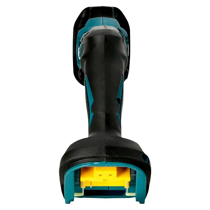 Makita LXT 18V Akku-Säbelsäge DJR183Z + Artikelnr. 33855482 hinzufügen* - 18 V, Ohne Akku, Leerlaufhubzahl: 0 /min - 3.000 /min - Detailaufnahme eines Akku-Schraubers der Marke Makita, der die Akkuaufnahme und das ergonomische Design des Griffs hervorhebt.