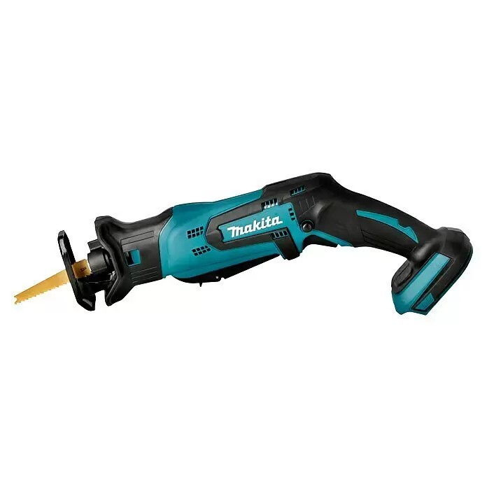Makita LXT 18V Sierra de sable de batería DJR183Z - 18 V, Sin batería, Número de carreras marcha en vacío: 3.000 /min - Sierra sable Makita negra y turquesa con una hoja de sierra dorada insertada.