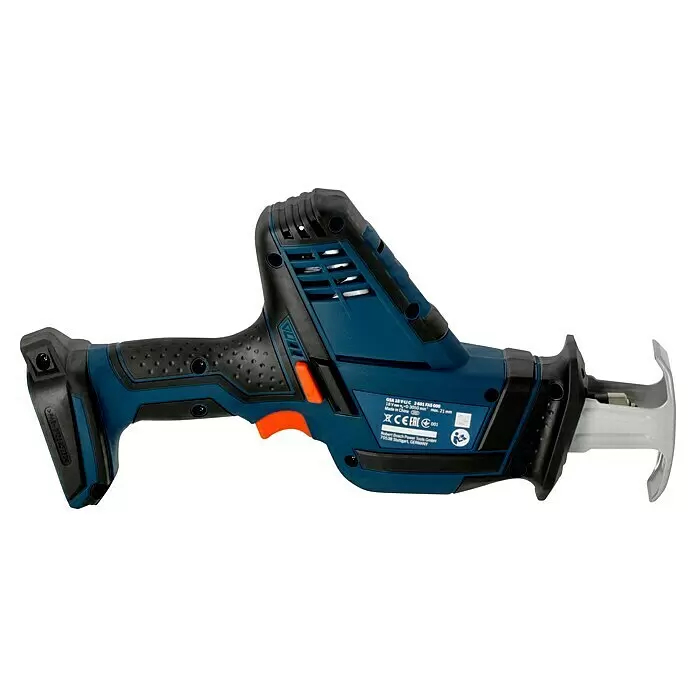 Bosch Professional AMPShare 18V Sierra de sable de batería GSA 18 V-LI C - 18 V, Sin batería, 3.050 /min, Maleta - Sierra sable a batería Bosch azul y negra, vista lateral.
