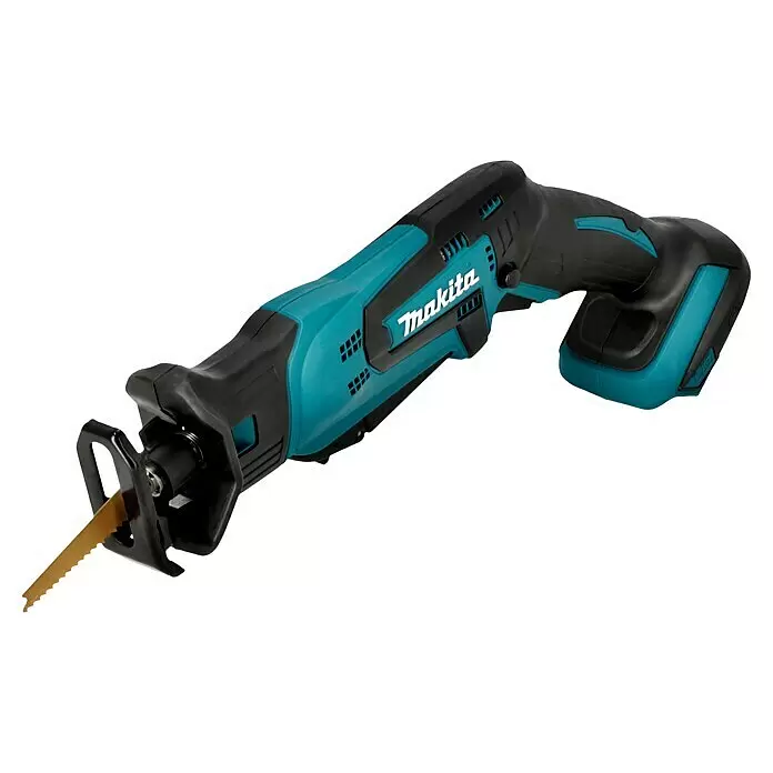Makita LXT 18V Sierra de sable de batería DJR183Z - 18 V, Sin batería, Número de carreras marcha en vacío: 3.000 /min - Sierra de sable inalámbrica Makita en turquesa y negro, con hoja de sierra dorada.