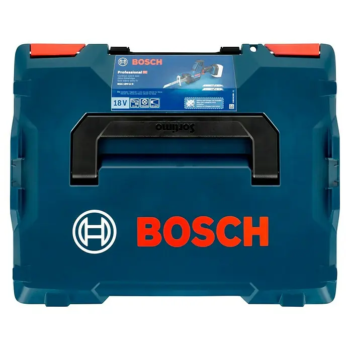 Bosch Professional AMPShare 18V Akku-Säbelsäge GSA 18 V-LI C L-Boxx18 V, Ohne Akku, 0 /min - 3.050 /min, Koffer - Bosch Professional GSA 18V-LI C Akku-Säbelsäge in blauer Sortimo Box mit rotem Verschluss.