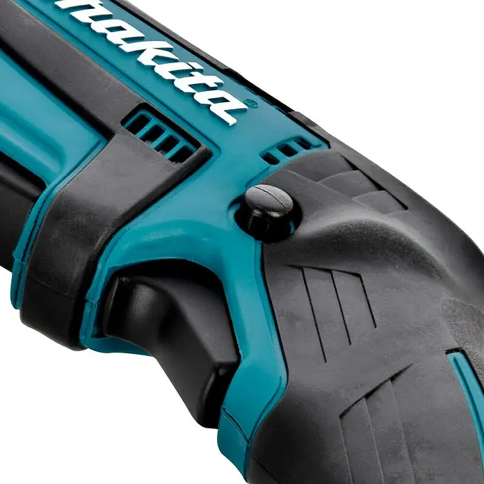 Makita LXT 18V Akku-Säbelsäge DJR183Z + Artikelnr. 33855482 hinzufügen* - 18 V, Ohne Akku, Leerlaufhubzahl: 0 /min - 3.000 /min - Nahaufnahme des Makita-Elektrowerkzeugs mit blau-schwarzem Design, das die Marke und die Bedienelemente hervorhebt.