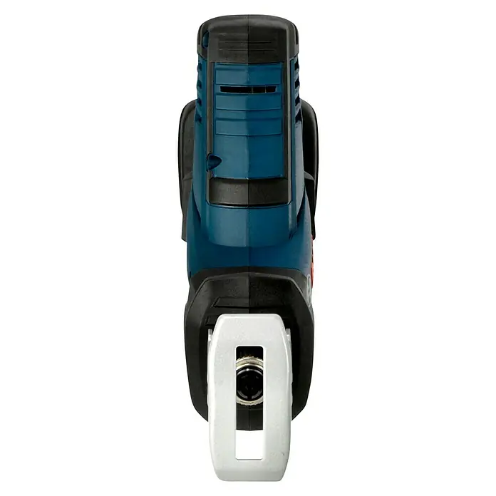 Bosch Professional AMPShare 18V Akku-Säbelsäge GSA 18 V-LI C L-Boxx - 18 V, Ohne Akku, 3.050 /min, Koffer - Nahaufnahme einer blauen Akku-Stichsäge mit schwarzem Griff und weißem Sägeblatt, die ein präzises und effizientes Schneiden ermöglicht.