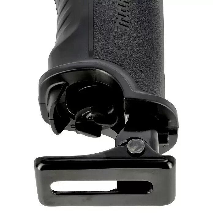 Makita LXT 18V Sierra de sable de batería DJR186ZK - 18 V, Sin batería, Número de carreras marcha en vacío: 0 /min - 2.800 /min - Sección inferior de una sierra sable negra, con el mecanismo de sujeción de la hoja y la zapata ajustable.