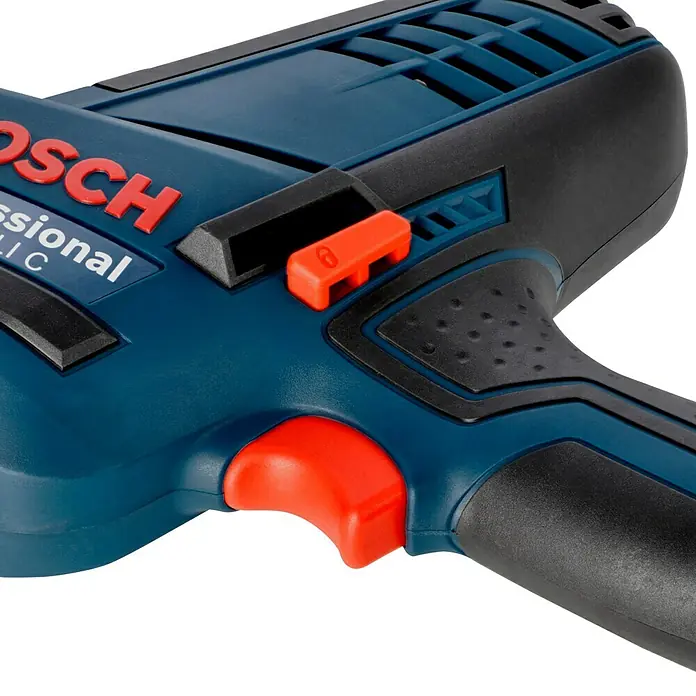Bosch Professional AMPShare 18V Akku-Säbelsäge GSA 18 V-LI C L-Boxx18 V, Ohne Akku, 0 /min - 3.050 /min, Koffer - Nahaufnahme einer blauen Bosch Professional Heißluftpistole mit roten Knöpfen und schwarzem Griff.