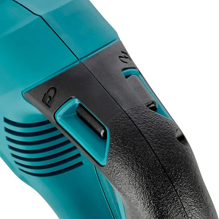 Makita LXT 18V Akku-Säbelsäge DJR186ZK + Artikelnr. 33855482 hinzufügen* - 18 V, Ohne Akku, Leerlaufhubzahl: 0 /min - 2.800 /min - Nahaufnahme eines türkisfarbenen Elektrowerkzeugs mit schwarzem Griff, das die Details der Konstruktion hervorhebt.