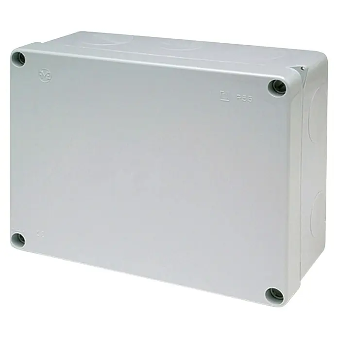 Famatel Caja de superficie - 22 x 17 x 8,5 cm, En pared, IP55 - Una caja de conexiones de plástico gris con tornillos en las esquinas y salidas prefabricadas para una fácil instalación de cables.