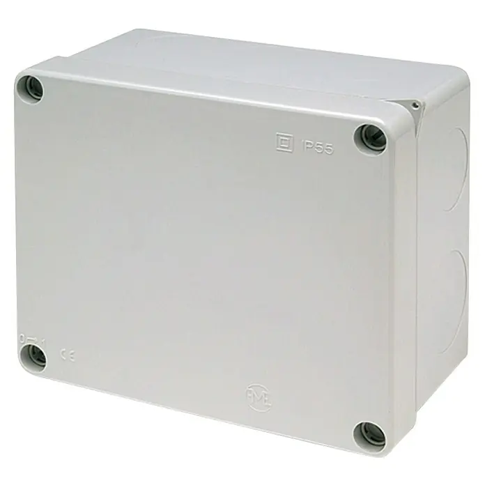 Famatel Caja de superficie - 16 x 13,5 x 8,3 cm, En pared, IP55 - Caja de conexiones eléctrica gris con tornillos en las esquinas y las marcas "IP55" y "CE", robusta e ideal para instalaciones electrónicas.