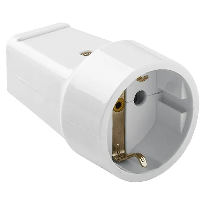 Famatel Base aérea Acqua - IP20, Blanco - Primer plano de un adaptador Schuko blanco para tomas de corriente europeas, diseñado para alojar enchufes de otros estándares.