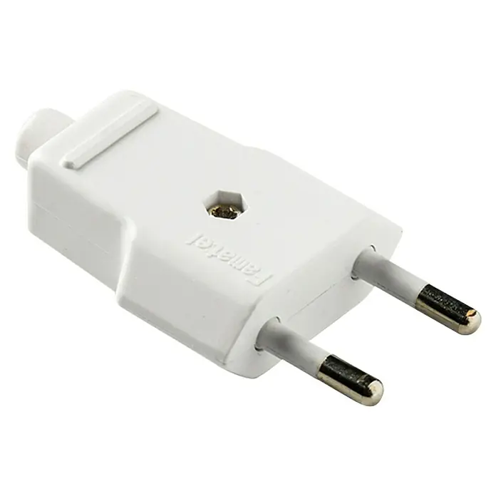 Famatel Clavija plana - Blanco - Un enchufe europeo blanco con dos clavijas redondas para tomas europeas, diseñado para alimentar dispositivos electrónicos.
