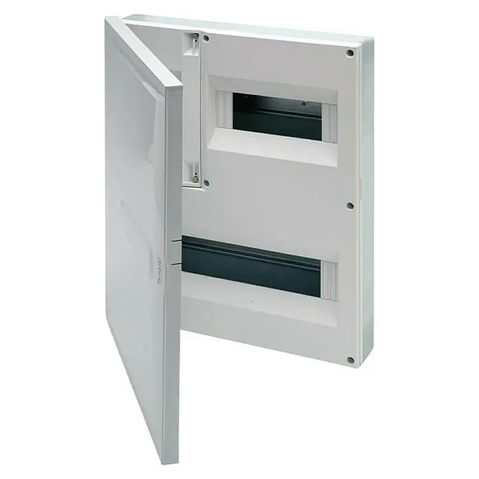 Famatel Cuadro eléctrico de superficie - Número de hileras: 2 ud., Blanco - Panel eléctrico blanco abierto para instalación eléctrica con recortes rectangulares.