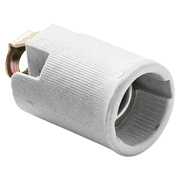 Famatel Casquillo para lámparas 402 - E14, Blanco, Cerámica, Ø x Al: 1 x 10 cm - Primer plano de un portalámparas de cerámica blanca con un soporte metálico, diseñado para sistemas de iluminación.