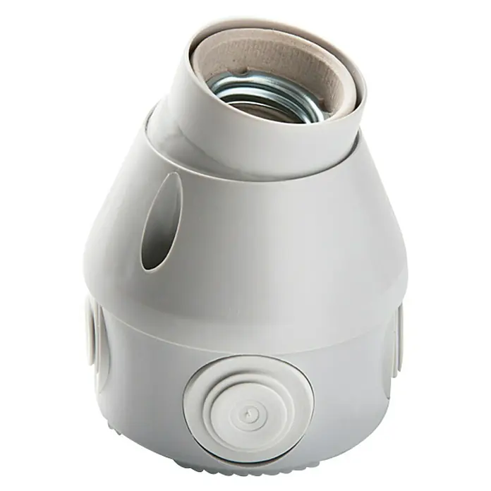 Famatel Casquillo para lámparas Orient - E27, Plástico, Blanco, Potencia de conexión máx.: 60 W - Primer plano de un portalámparas angular gris de superficie con inserto de metal, ideal para montaje en techo y soluciones de iluminación personalizadas.
