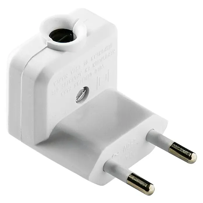 Famatel Clavija de protección angular - 250 V, IP20, Blanco - Primer plano de un enchufe europeo blanco con dos pines y un tornillo.