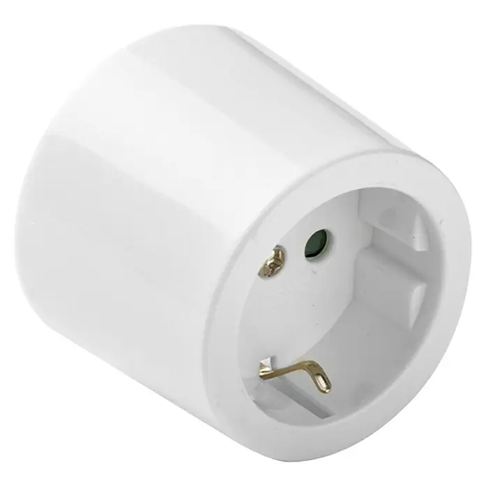 Famatel Enchufe redondo - Marfil, Cerámica, Montaje en la pared - Primer plano de un enchufe Schuko blanco, ideal para usar en países europeos.