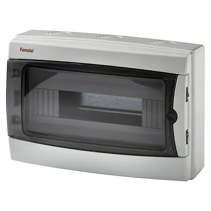 Famatel Cuadro eléctrico de superficie Aqua - Número de hileras: 1 ud., 30,7 x 10,5 cm, Blanco, Número de módulos: 12 ud. - Caja de distribución gris Famatel con puerta transparente para una instalación segura de componentes eléctricos interiores.