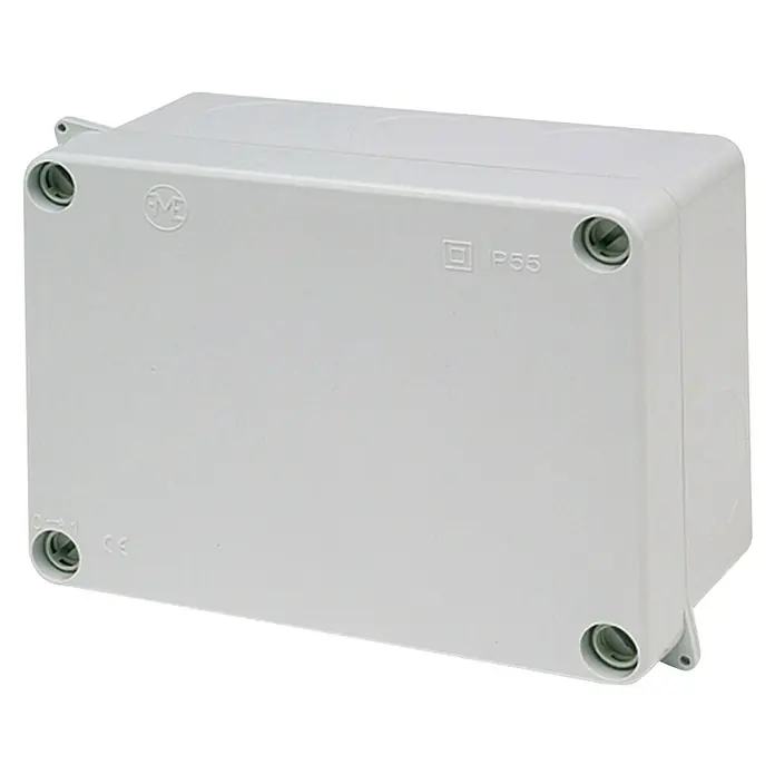 Famatel Caja de superficie - L x An x Al: 15,3 x 11 x 6,3 cm, IP55 - Caja de conexiones blanca con tornillos en las esquinas, utilizada para asegurar y proteger las conexiones eléctricas.