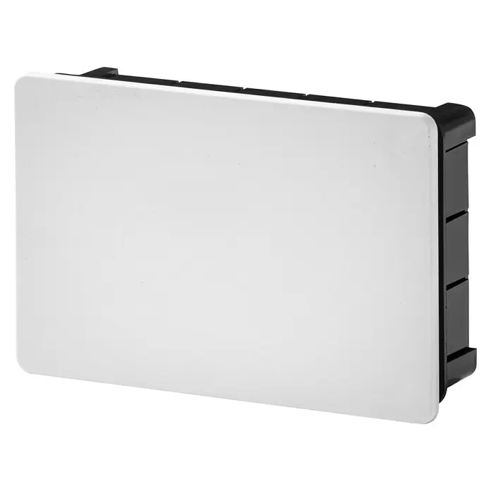 Famatel Caja de empotrar con garra - Con tapa, Blanco, L x An x Al: 16 x 10 x 5 cm - Detalle de una placa de cubierta blanca con marco negro, ideal para instalaciones eléctricas. Diseño sencillo para interiores modernos.