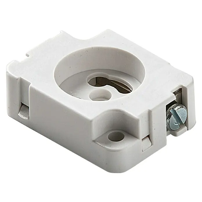 Famatel Casquillo para lámparas portacebador 190 - GU10, Blanco, Plástico - Imagen detallada de un portalámparas G13 de plástico blanco, mostrando sus contactos metálicos internos y un tornillo para una fijación segura.
