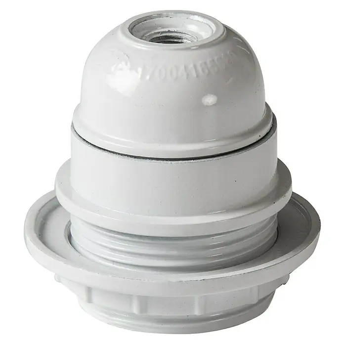 Famatel Casquillo para lámparas 166 - E27, Plástico, Blanco - Primer plano de un portalámparas blanco, que muestra un diseño sencillo y funcional para fines de iluminación.