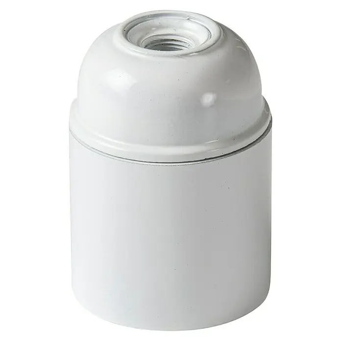 Famatel Casquillo para lámparas 161 - E27, Plástico, Blanco - Primer plano de un portalámparas blanco con rosca. La carcasa de cerámica es sencilla y elegante para la construcción de luces.